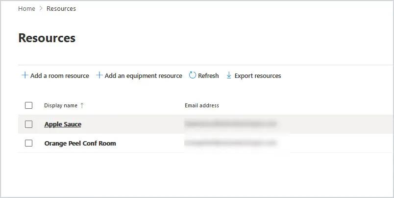 Exchange admin center recipients page showing the list of resources