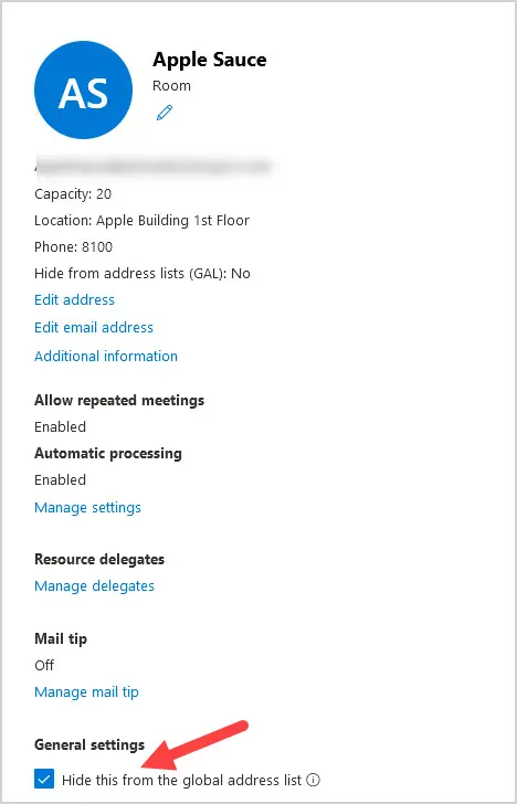 Resource settings page with Hide this from the global address list checked