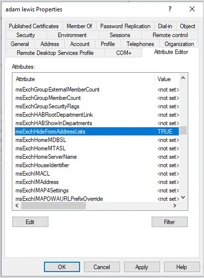 Attribute editor of a user with msExchHideFromAddressLists being set to True