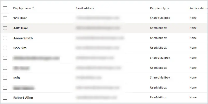 Exchange admin center mailboxes page listing user and shared mailboxes