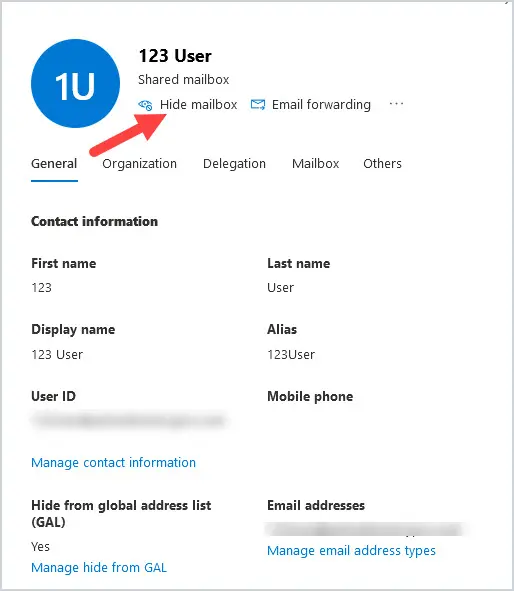 Mailbox settings pane with the Hide mailbox option at the top