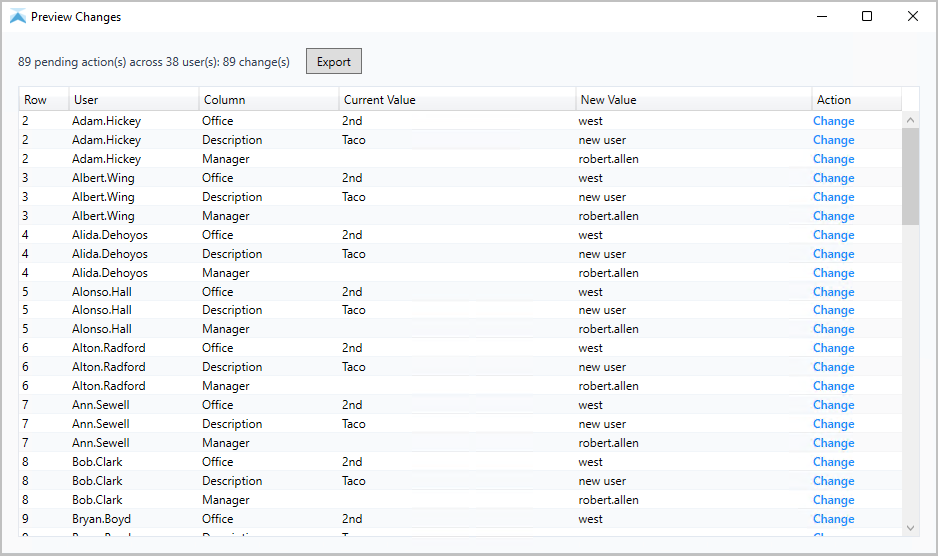 Preview listing the attribute changes that will be applied to each account