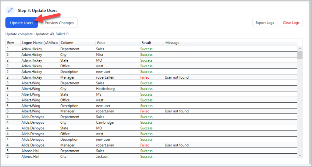 Results showing how many accounts were updated and any errors