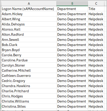 CSV with department and title columns filled in for each user