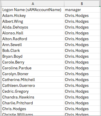 CSV with a manager column holding each manager's logon name