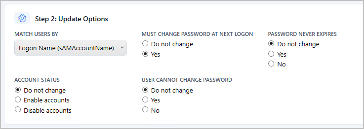 Account status options for enabling, disabling, and password settings