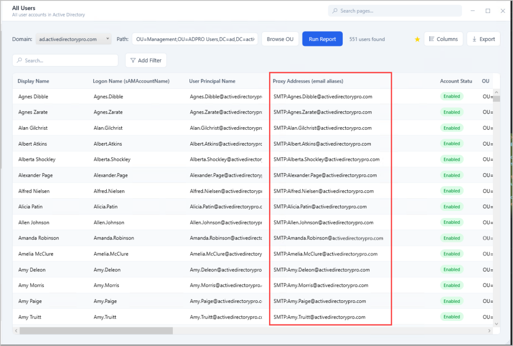 ad pro toolkit list proxyaddresses