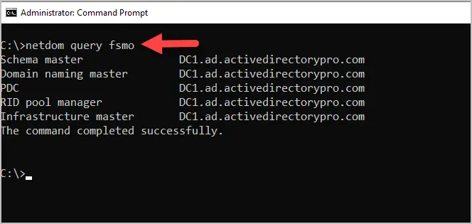 netdom query fsmo output listing all five roles and their domain controllers