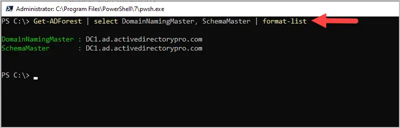 Get-ADForest output showing the schema master and domain naming master
