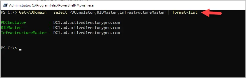 Get-ADDomain output showing the PDC, RID, and infrastructure master roles