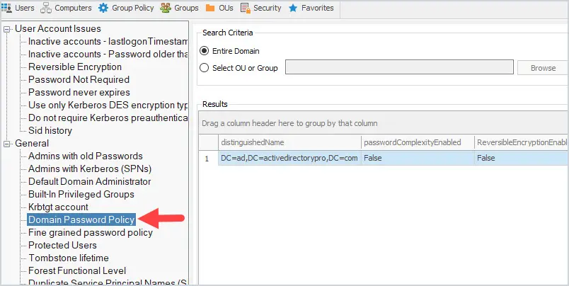 Security report showing the default domain password policy settings