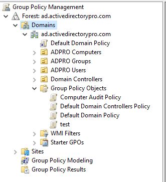 Group Policy Management console expanded to the Group Policy Objects container
