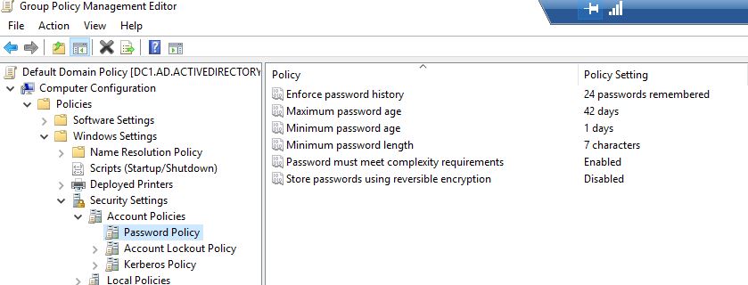 Password Policy node of the default domain policy listing the current settings