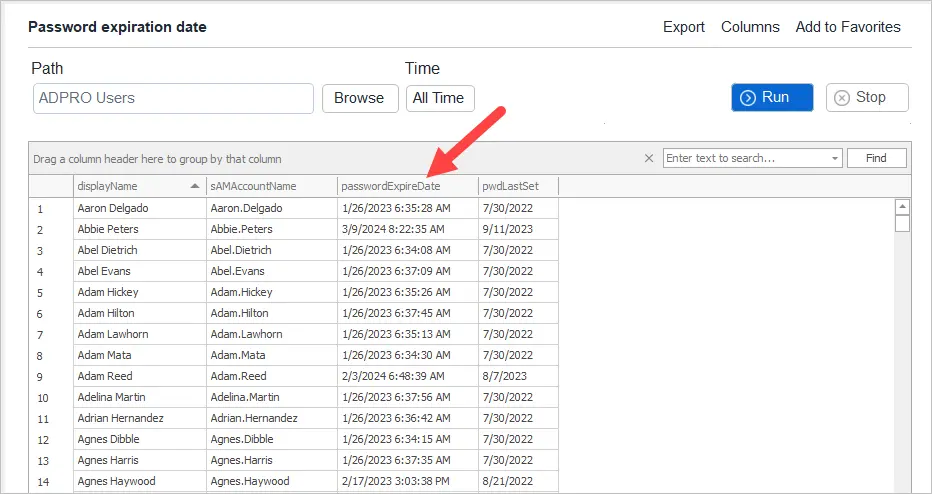 Report listing every user with their password expiration date