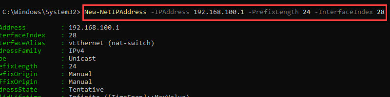 New-NetIPAddress assigning the gateway address to the switch interface