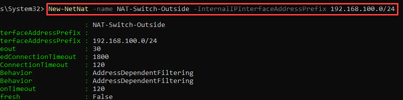 New-NetNat creating the NAT network for the internal subnet