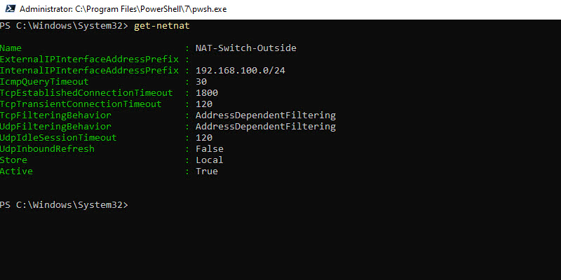 Get-NetNat output listing the configured NAT networks