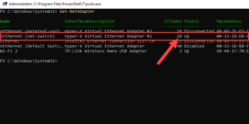 Get-NetAdapter output showing the interface index of the new switch