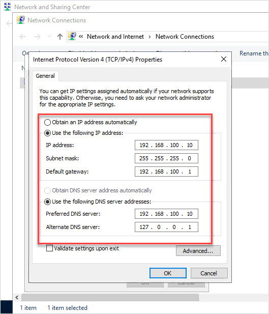 VM network settings with a static IP and the NAT gateway address entered