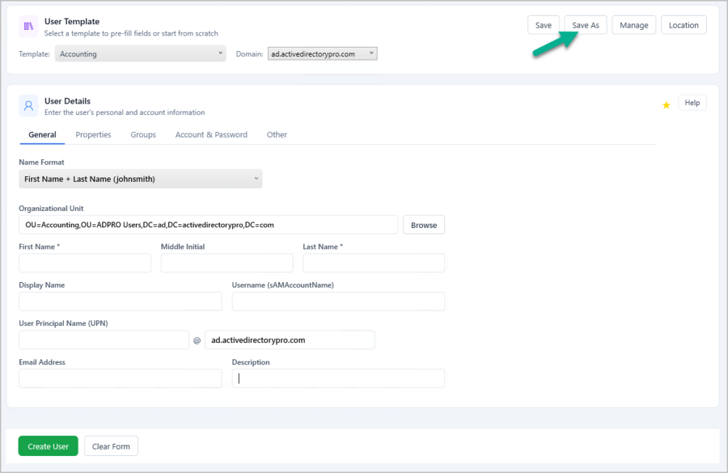 user account templates