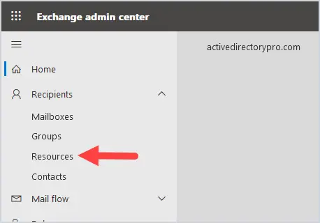 Exchange admin center recipients menu with Resources selected