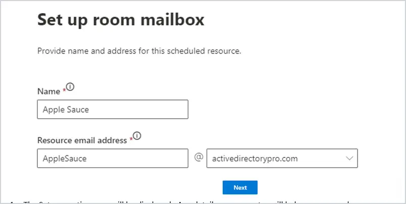 Set up room mailbox page with the room name, email address, and domain entered