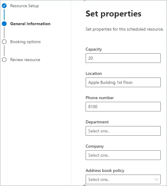 Set properties page with the room's location details and capacity