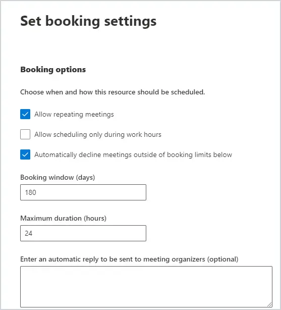 Booking options with the booking window and maximum duration settings
