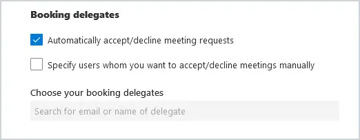 Booking delegates section for choosing who accepts or declines requests
