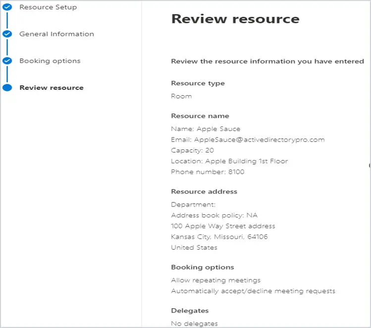 Review resource page summarizing the room settings before creation