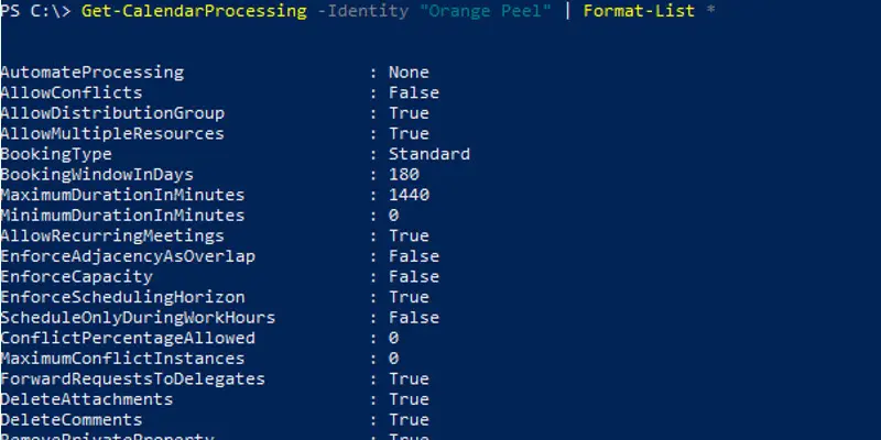 Get-CalendarProcessing output listing the calendar settings for the room