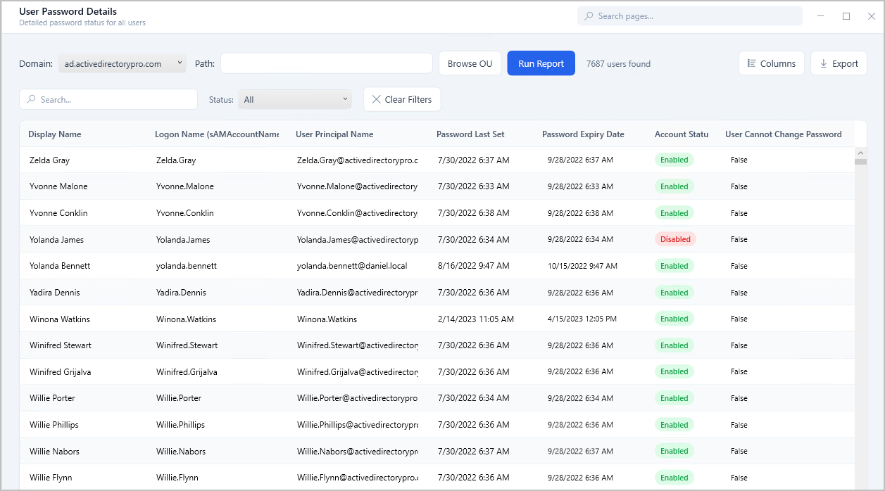 User Password Details report listing each account's password expiration date