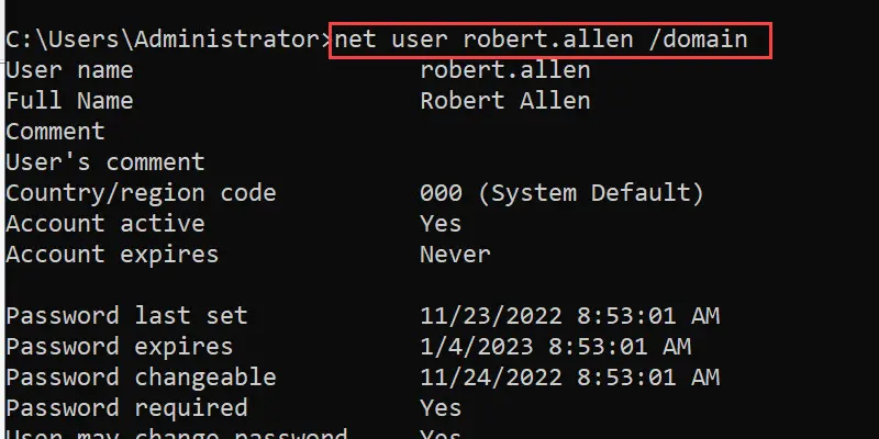 net user output showing the password expires and last set dates