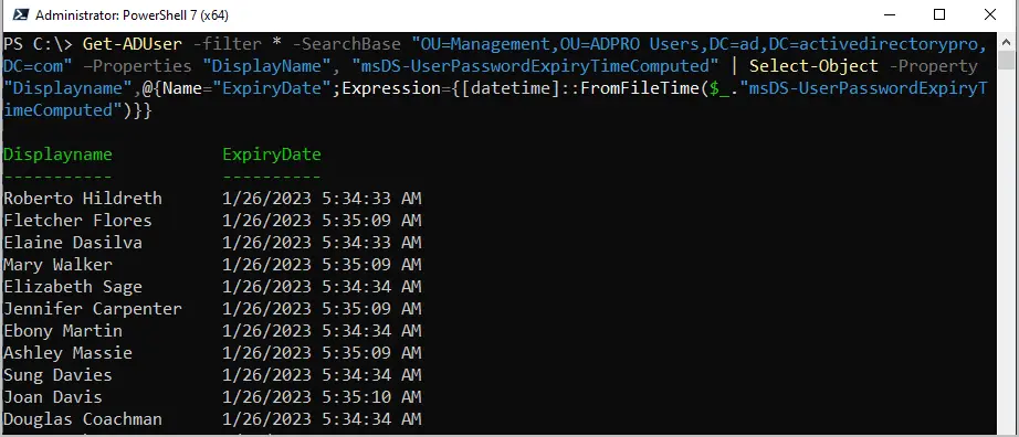 PowerShell output listing display names and password expiry dates for an OU