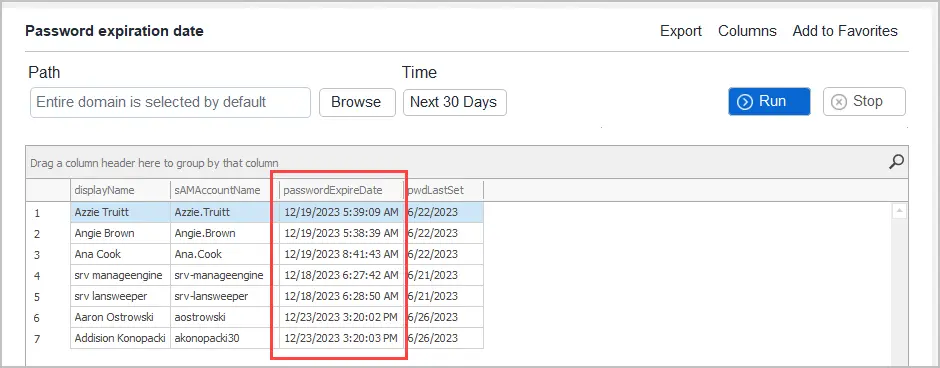 Report results listing users whose passwords expire in the next 30 days
