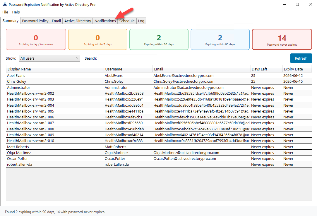 Password expiry notification settings for emailing users before their password expires