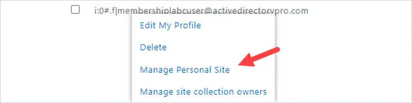 User profile menu with Manage Personal Site selected to open the user's OneDrive