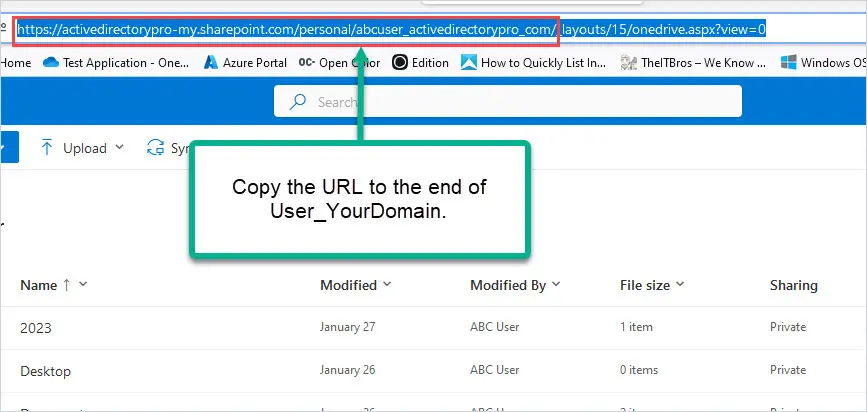 ABC User's OneDrive open in the browser with the full personal site URL in the address bar