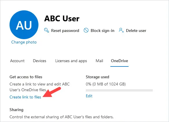 OneDrive tab of a user in the 365 admin center with Create link to files under Get access to files