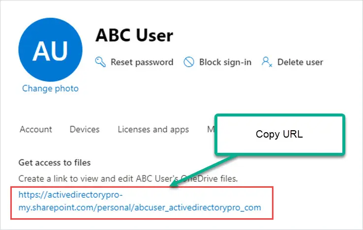 Generated OneDrive link displayed in the admin center ready to copy and send to the user