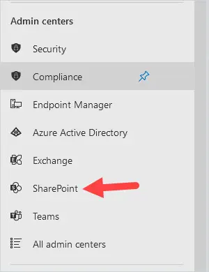 Microsoft 365 admin center menu with SharePoint selected under Admin centers