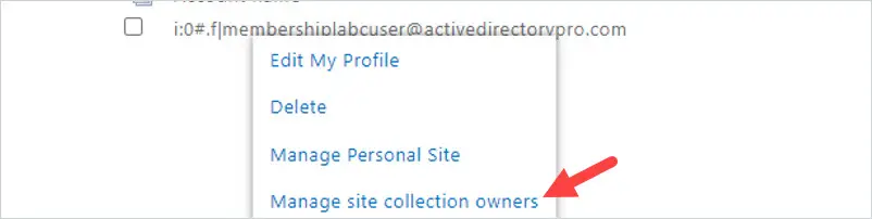 User profile menu with Manage site collection owners selected