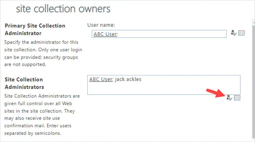 Site collection owners dialog with the user typed into the Site Collection Administrators box