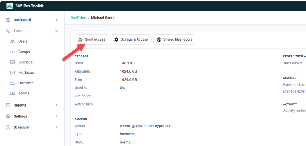 365 Pro Toolkit OneDrive tool with a user opened and the Grant access button