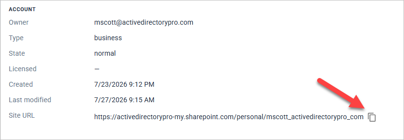 365 Pro Toolkit showing the original user's OneDrive URL available to copy