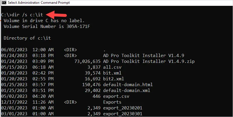 dir command run against a specific directory path from the root of C