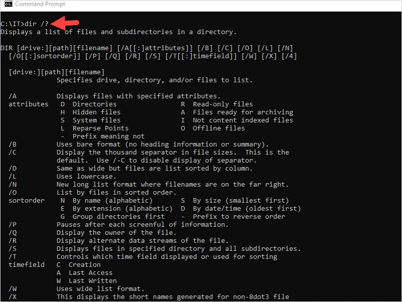 dir /? help output listing the full set of command options