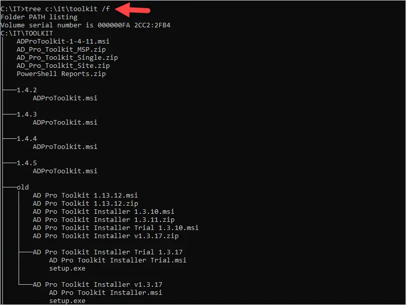 tree /f output including the files inside each folder