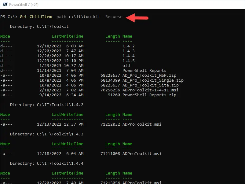 powershell list files and folders
