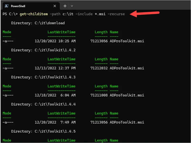 Get-ChildItem output filtered to only .msi files across all subfolders